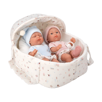 Arias kaksikud nukud koos valge kandekorviga