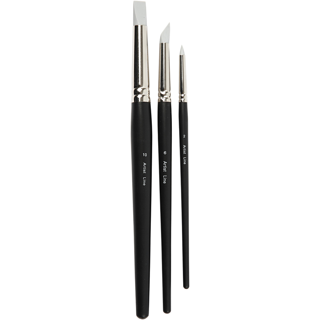 Artist Line Brush, nr. 2+6+10, L: 19-25 cm, W: 6+10+15 mm, lame,ümmargune, 3 tk/ 1 pakk