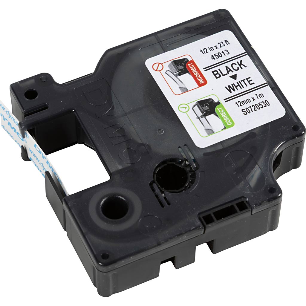 Dymo teip, W: 12 mm, valge, 7 m/ 1 rull