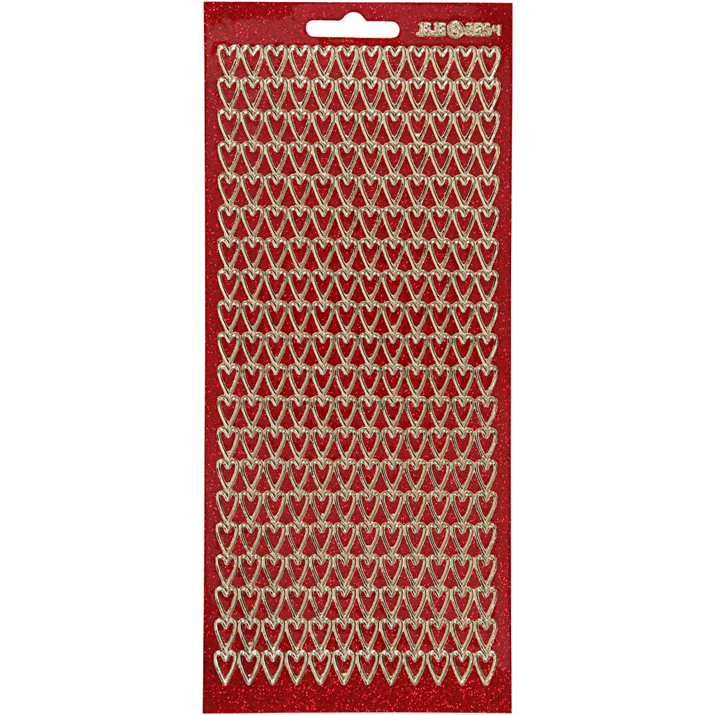 Kleebised, südamed, leht 10x23 cm, kuldne, punane glitter, 1 leht