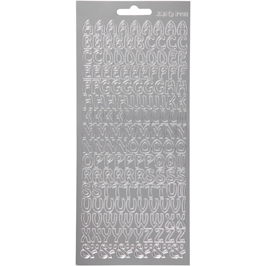 Kleebised, tähestik, leht 10x23 cm, hõbedane, 1 leht