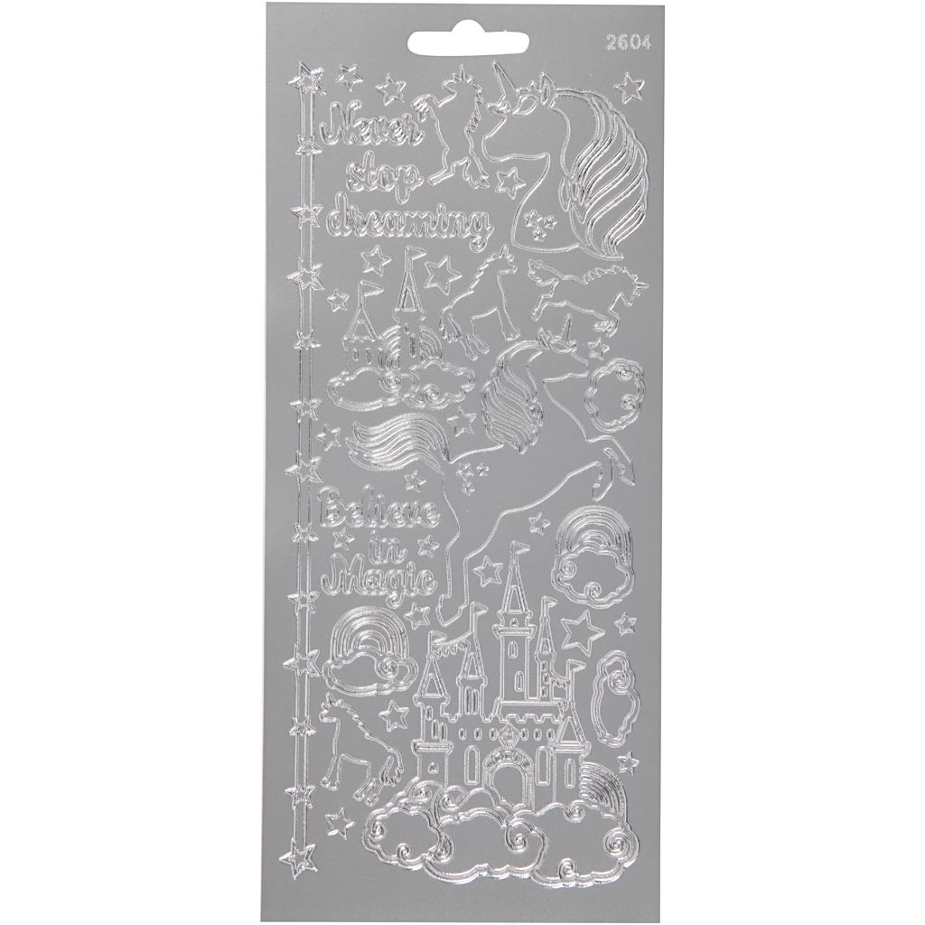 Kleebised, ükssarvik, leht 10x23 cm, hõbedane, 1 leht