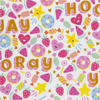 Kinkekile, kommid, puuviljad ja donitid, laius: 50 cm, 80 g, heleturkiis, 100 m/ 1 rull.