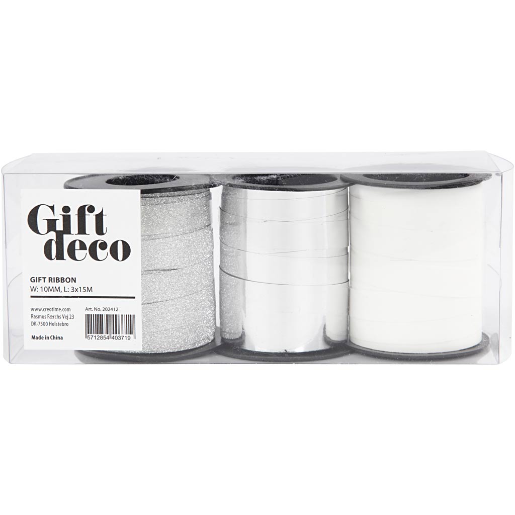 Kummipael, W: 10 mm, hõbedane, hõbedane glitter, valge, 3x15 m/ 1 pakk - Image 2