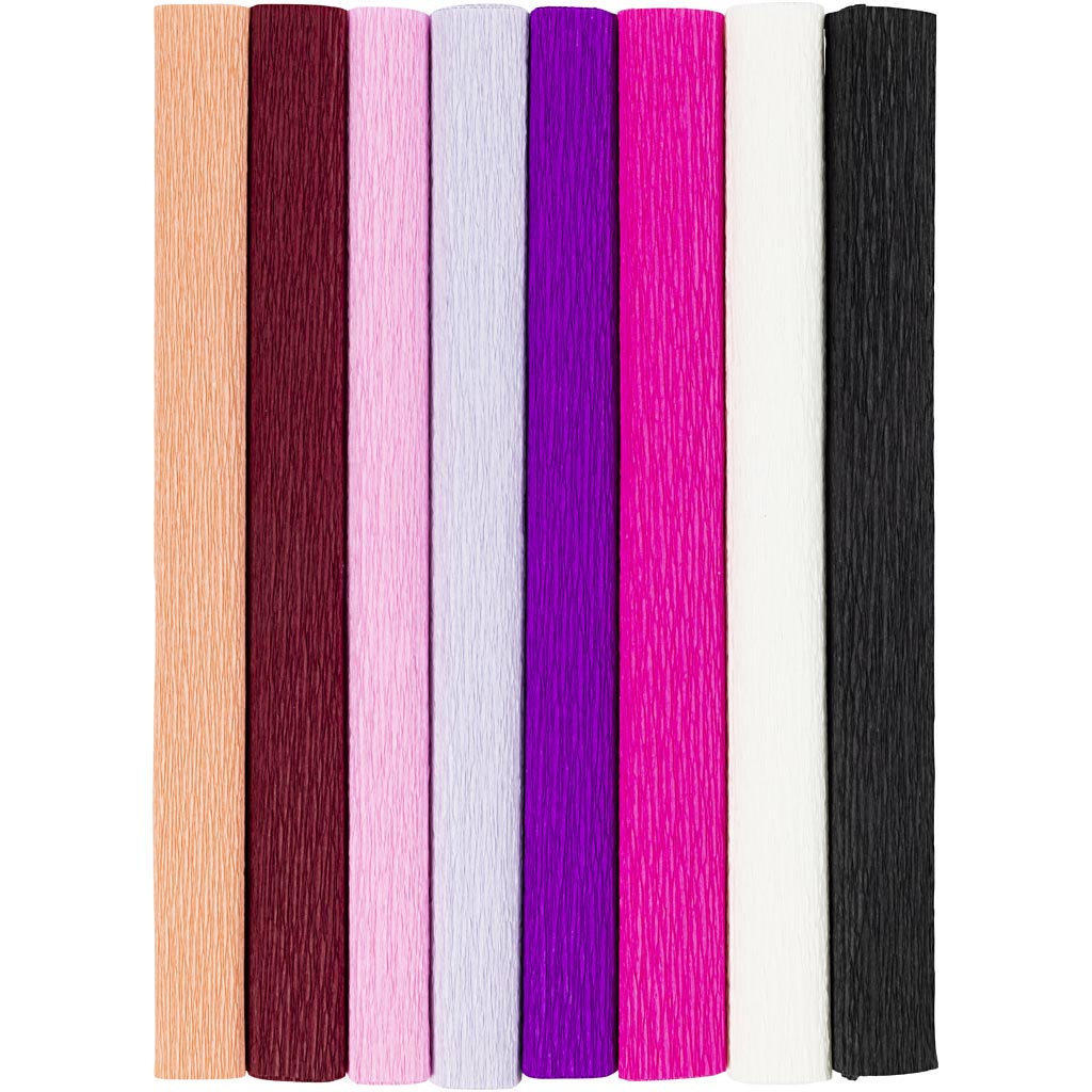 Krepppaber, leht 25x60 cm, kreppmassiiv: 180%, 105 g, lilla/roosa harmoonia, 8 lehte/ 1 pakk