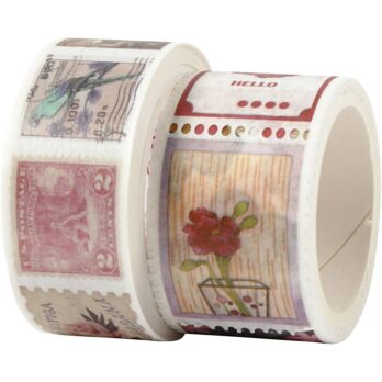Washi teip, tempel ja lillemotiiv, L: 3+5 M, W: 20+25 mm, 2 rulli/ 1 pakk