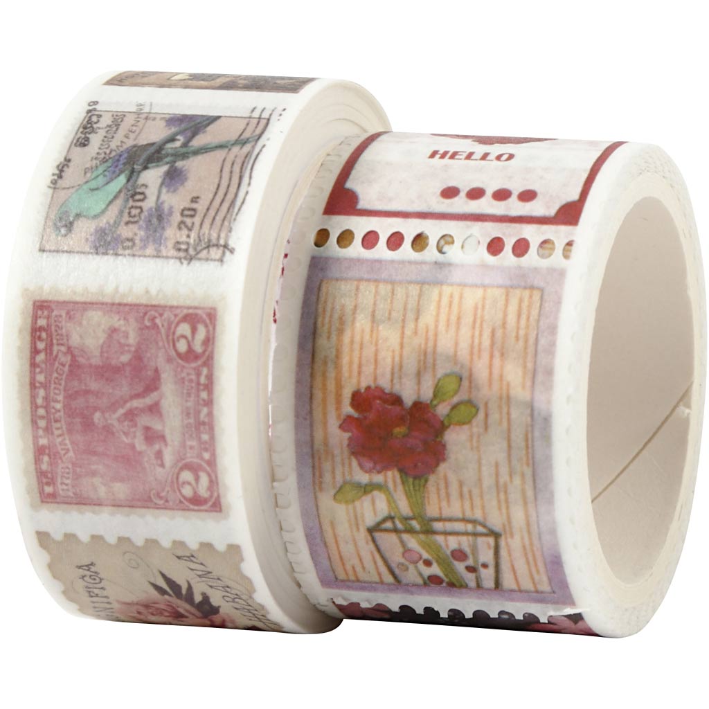 Washi teip, tempel ja lillemotiiv, L: 3+5 M, W: 20+25 mm, 2 rulli/ 1 pakk