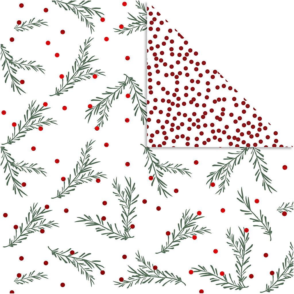 Disainipaber, kuuseoksad ja täpid, leht 30,5x30,5 cm, 180 g, kuldne, roheline, punane, valge, 3 lehte/ 1 pakk