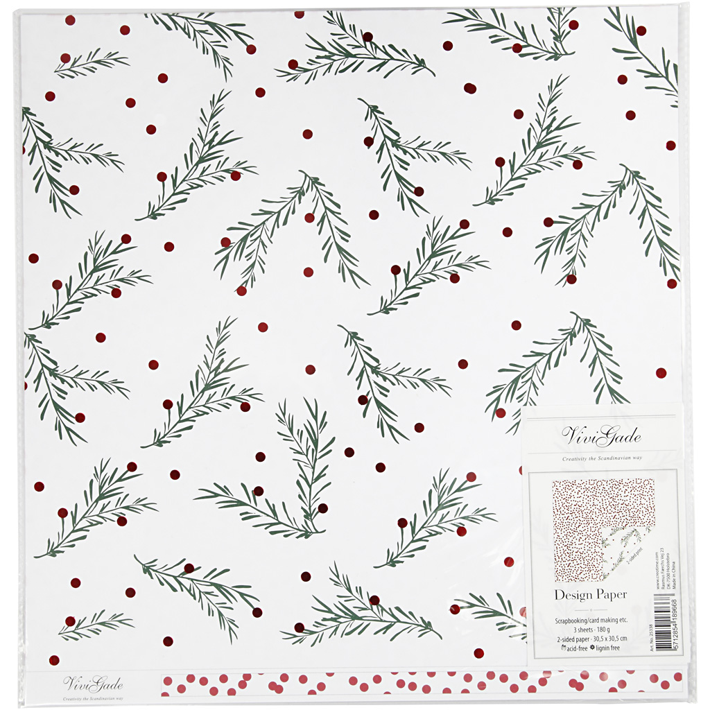 Disainipaber, kuuseoksad ja täpid, leht 30,5x30,5 cm, 180 g, kuldne, roheline, punane, valge, 3 lehte/ 1 pakk - Image 2