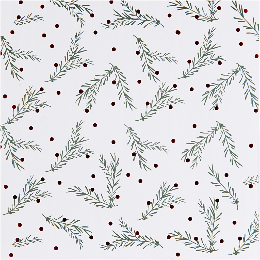 Disainipaber, kuuseoksad ja täpid, leht 30,5x30,5 cm, 180 g, kuldne, roheline, punane, valge, 3 lehte/ 1 pakk - Image 3