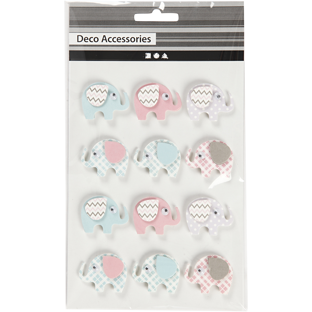 3D kleebised, elevandid, kõrgus: 25 mm, laius: 31 mm, paksus 7 mm, 12 tk/ 1 pakk - Image 2