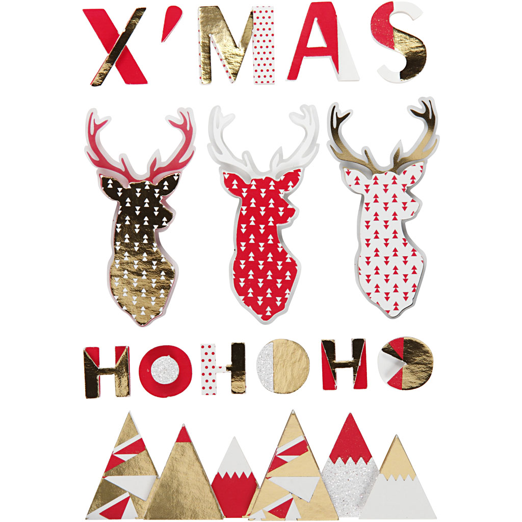 3D kleebised, põhjapõder, kõrgus: 15-62 mm, laius: 14-100 mm, paksus 5 mm, 15 tk/ 1 pakk