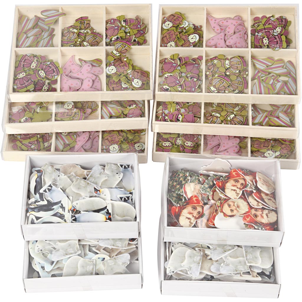 Puidust kleebised, kõrgus: 40-50 mm, laius: 15-45 mm, sisu võib varieeruda , 600 tk/ 1 pakk