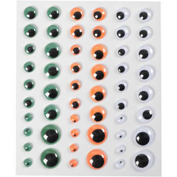 Googly Eyes, isekleepuv, diameeter. 6+8+10+12+15 mm, roheline, oranž, valge, 54 tk, 1 leht