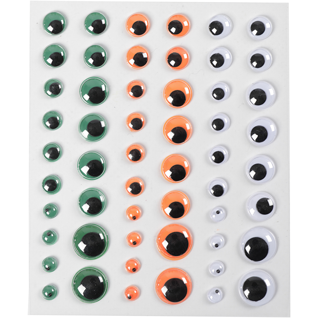 Googly Eyes, isekleepuv, diameeter. 6+8+10+12+15 mm, roheline, oranž, valge, 54 tk, 1 leht