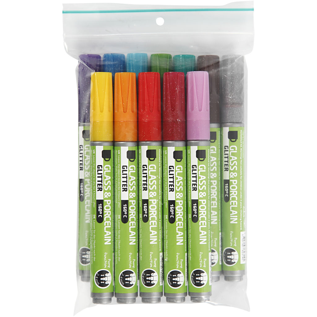 Klaas- ja portselanimarker, glitter, joon 2-4 mm, poolmatt, värvide valik, 12 tk/ 1 pakk - Image 2