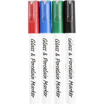 Klaas- ja portselanimarker, joon 1-2 mm, poolpaks, must, sinine, roheline, punane, 4 tk/ 1 pakk