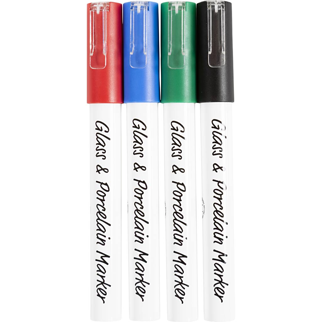 Klaas- ja portselanimarker, joon 1-2 mm, poolpaks, must, sinine, roheline, punane, 4 tk/ 1 pakk