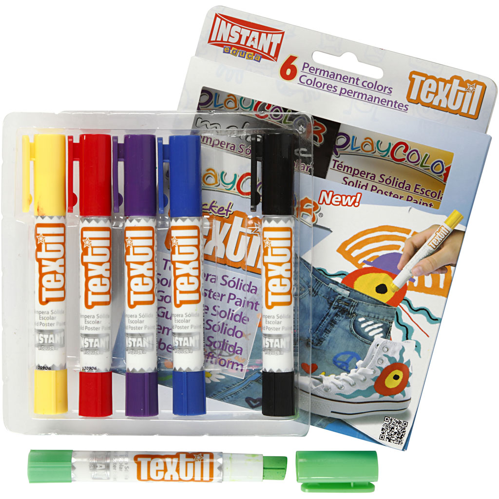 Playcolor tekstiilmarker, L: 14 cm, erinevad värvid, 5 g, 6 tk/ 1 pakk