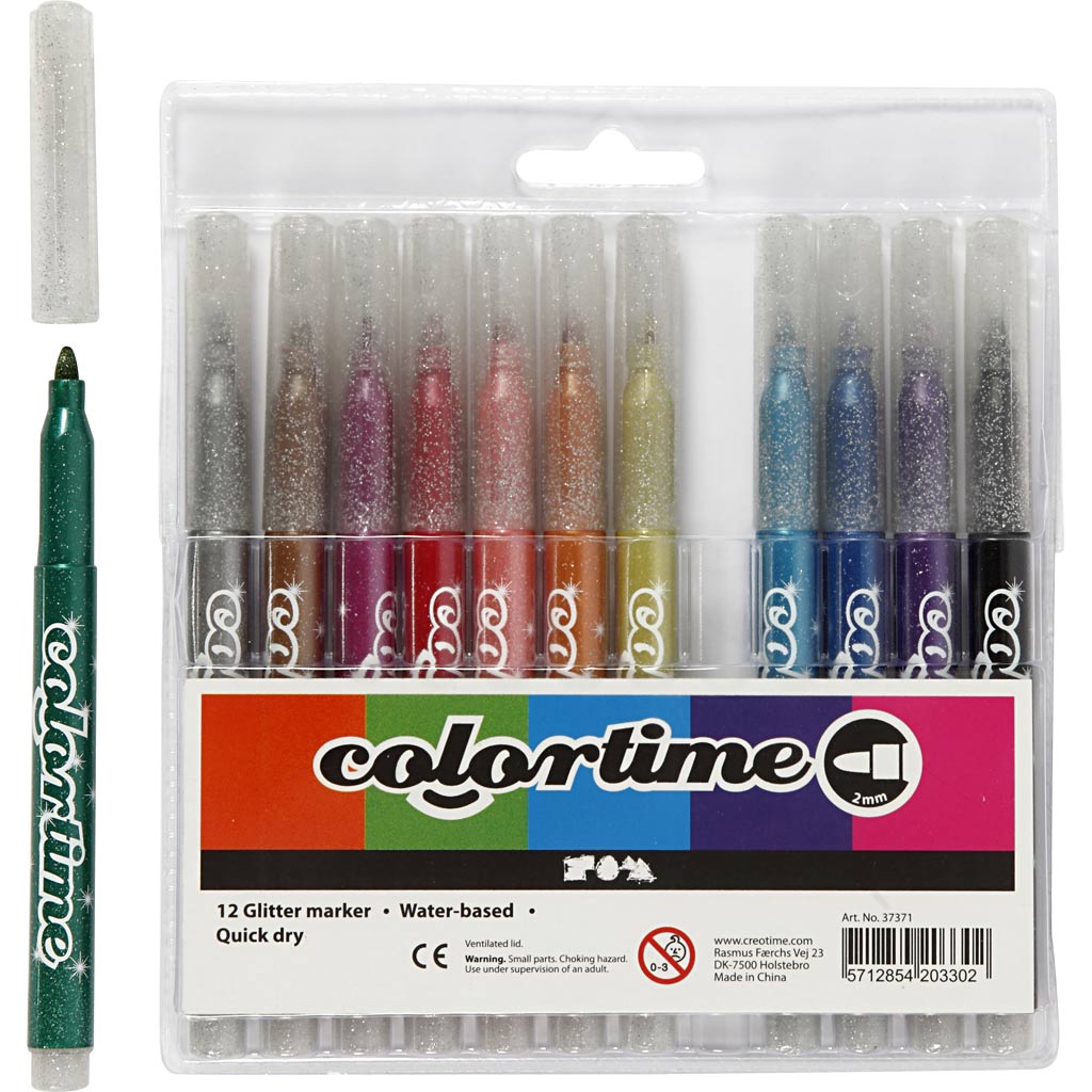 Colortime Glitter Marker, joon 2 mm, erinevad värvid, 12 tk/ 1 pakk - Image 4