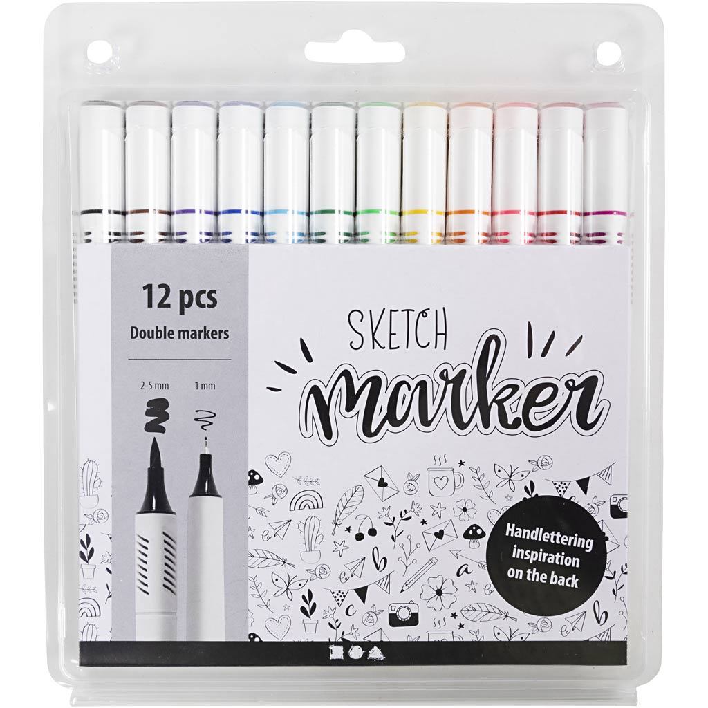 Joonistusmarkerid, joon 1+2-5 mm, standardvärvid, 12 tk/ 1 pakk - Image 2
