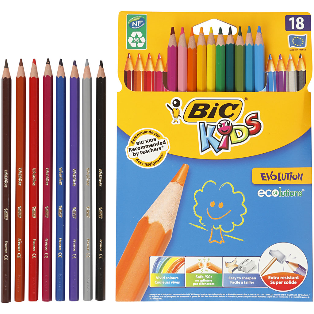 BIC Evolution värvipliiatsid, kuusnurkne, L: 17,5 cm, münt 3 mm, erinevad värvid, 18 tk/ 1 pakk