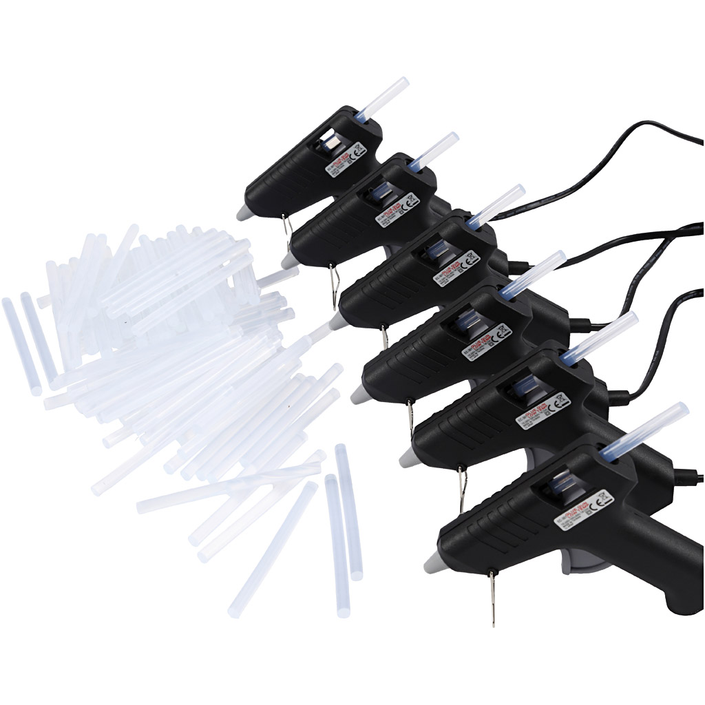 Miniliimipüstolid liimiga, 130 °C - madal temperatuur, ca. 125 cm pikkune juhe, EL, 1 komplekt