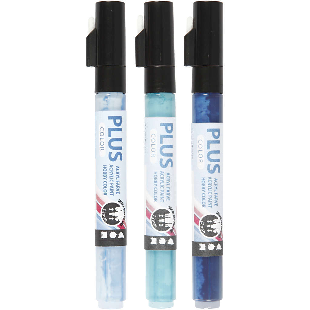 Plus Color Marker, L: 14,5 cm, joon 1-2 mm, taevasinine, tumesinine, türkiissinine, 5,5 ml, 3 tk/ 1 pakk