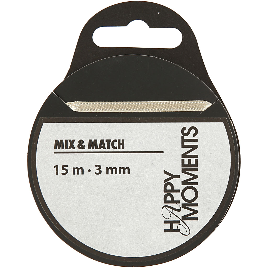 Satiinpael, W: 3 mm, naturaalvalge, 15 m/ 1 rull