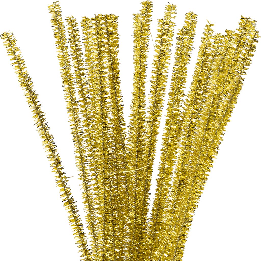 šenill, L: 30 cm, paksus 6 mm, glitter, kuldne, 24 tk/ 1 pakk