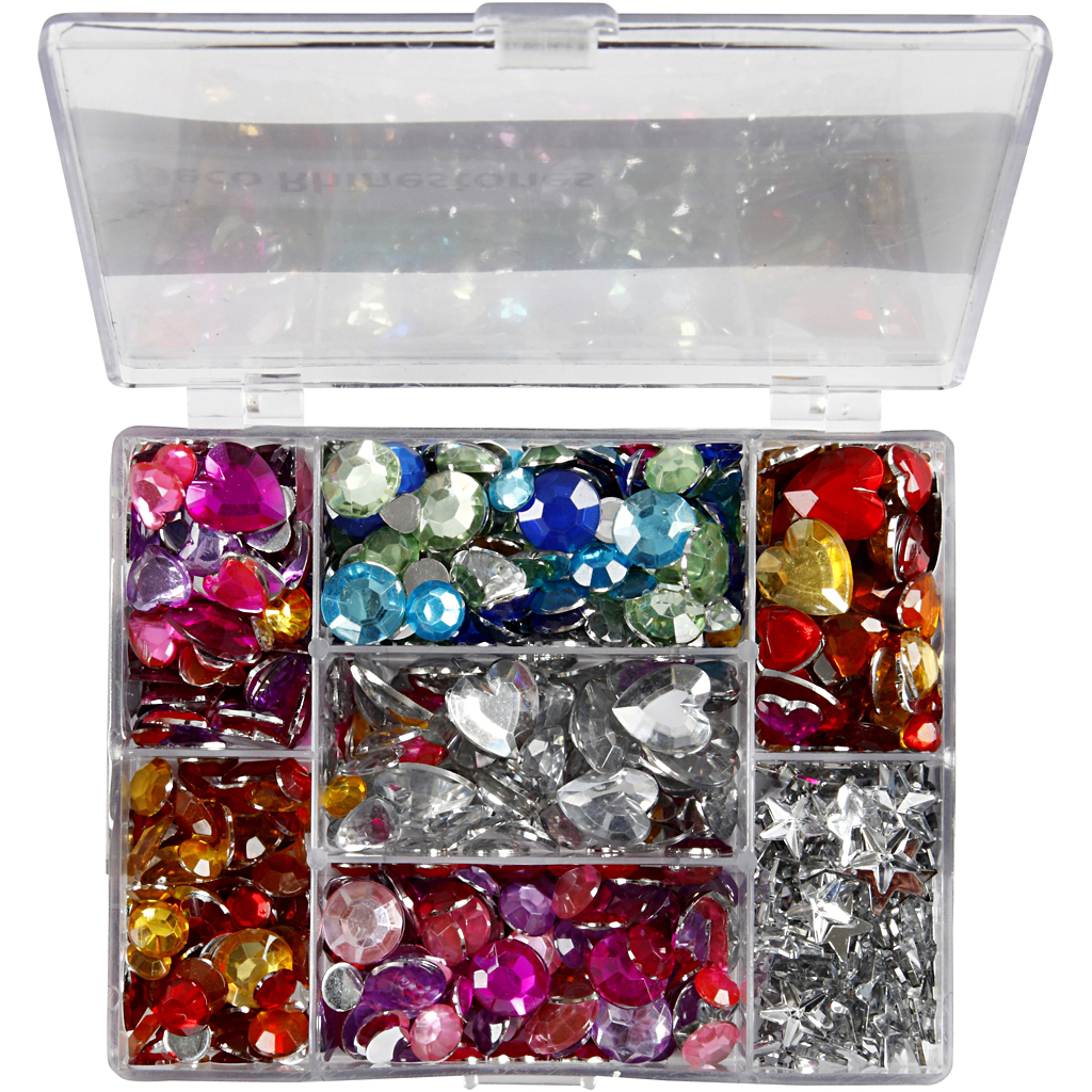 Rhinestones in Display Box, ümmargused. tähed. südamed, diameetriga. 6+7+9+10+11+12+14+16 mm, sinine, roosa, hõbedane, 300 tk/ 1 pakk.