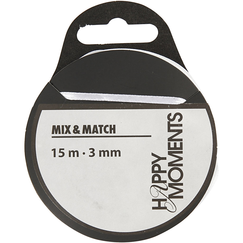 Satiinpael, W: 3 mm, valge, 15 m/ 1 rull
