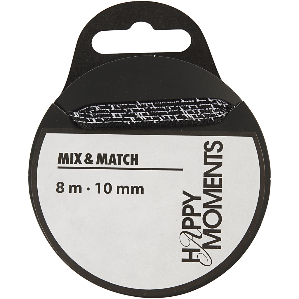 Satiinpael trükiga, W: 10 mm, must, 8 m/ 1 rull