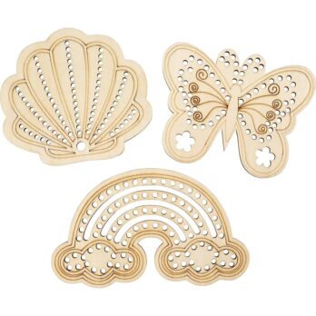 Puidust aukudega kuju, vikerkaar, koorik, liblikas, suurus 7,5-13 cm, 24 tk/ 1 pakk