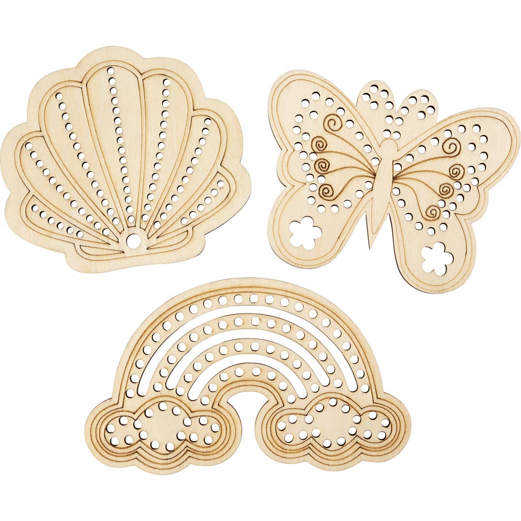 Puidust aukudega kuju, vikerkaar, koorik, liblikas, suurus 7,5-13 cm, 24 tk/ 1 pakk