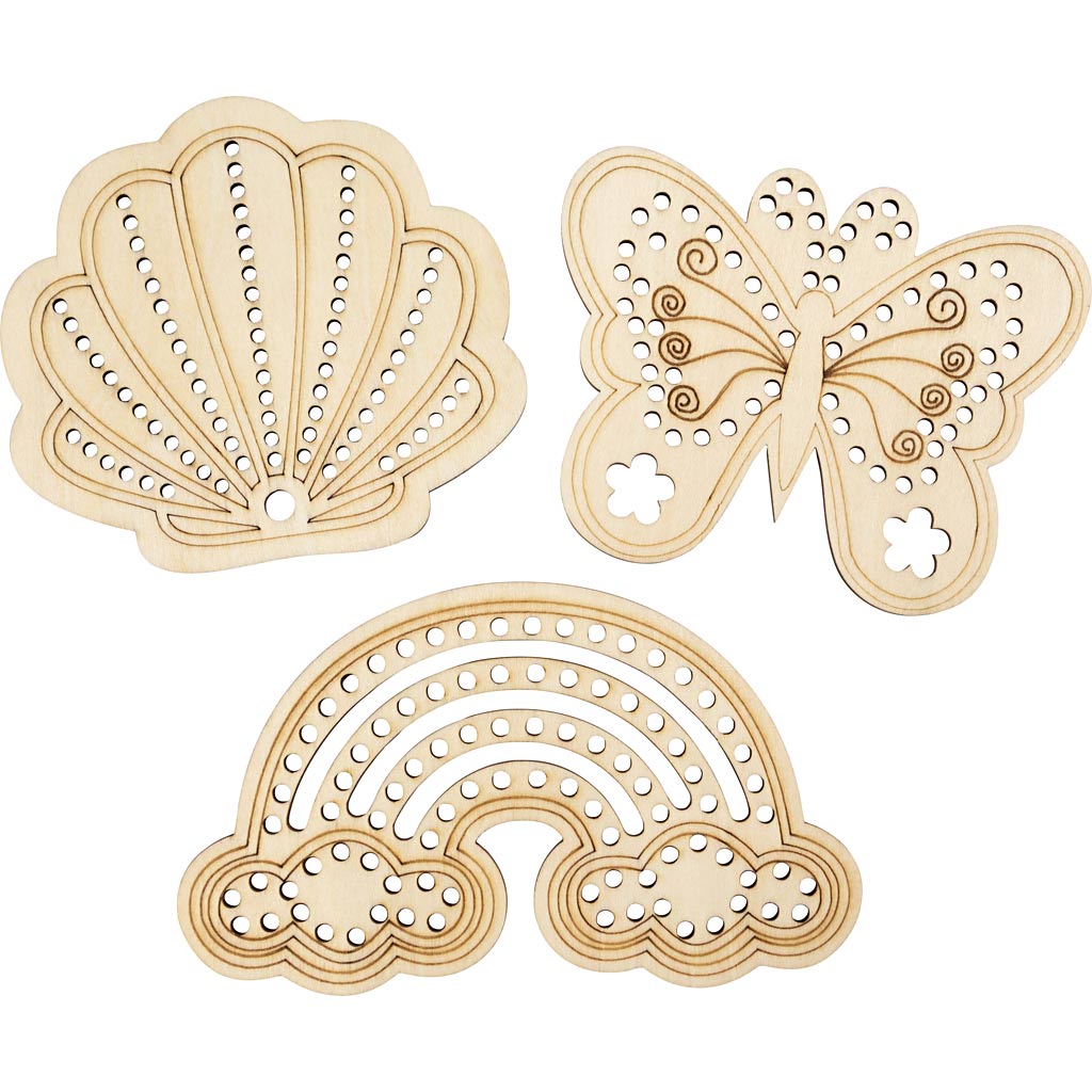 Puidust aukudega kuju, vikerkaar, koorik, liblikas, suurus 7,5-13 cm, 6 tk/ 1 pakk