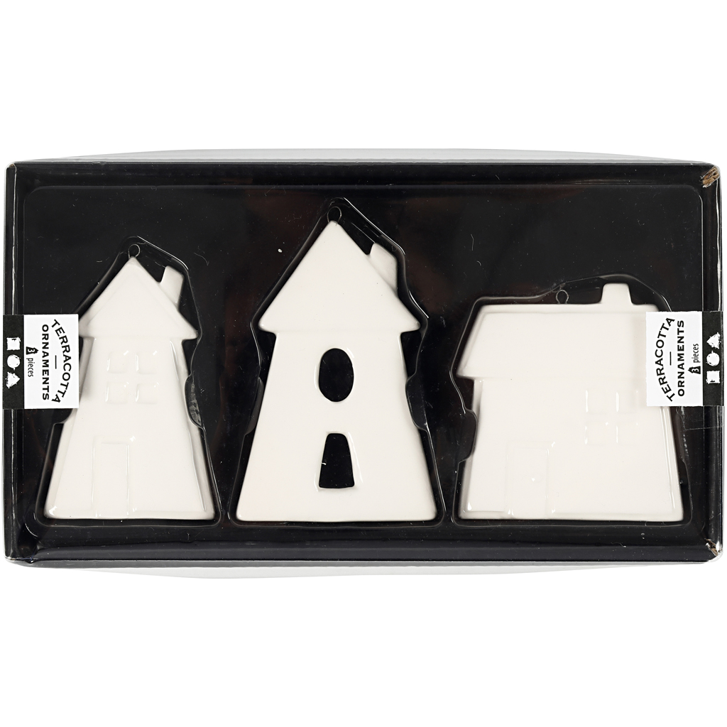Rippuvad kaunistused, majad, H: 7,6-9,7 cm, valge, 3 tk/ 1 pakk - Image 2