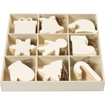 Puidust ornament, sorteeritud figuurid, suurus 7-9 cm, paksus 4 mm, 90 tk/ 1 pakk