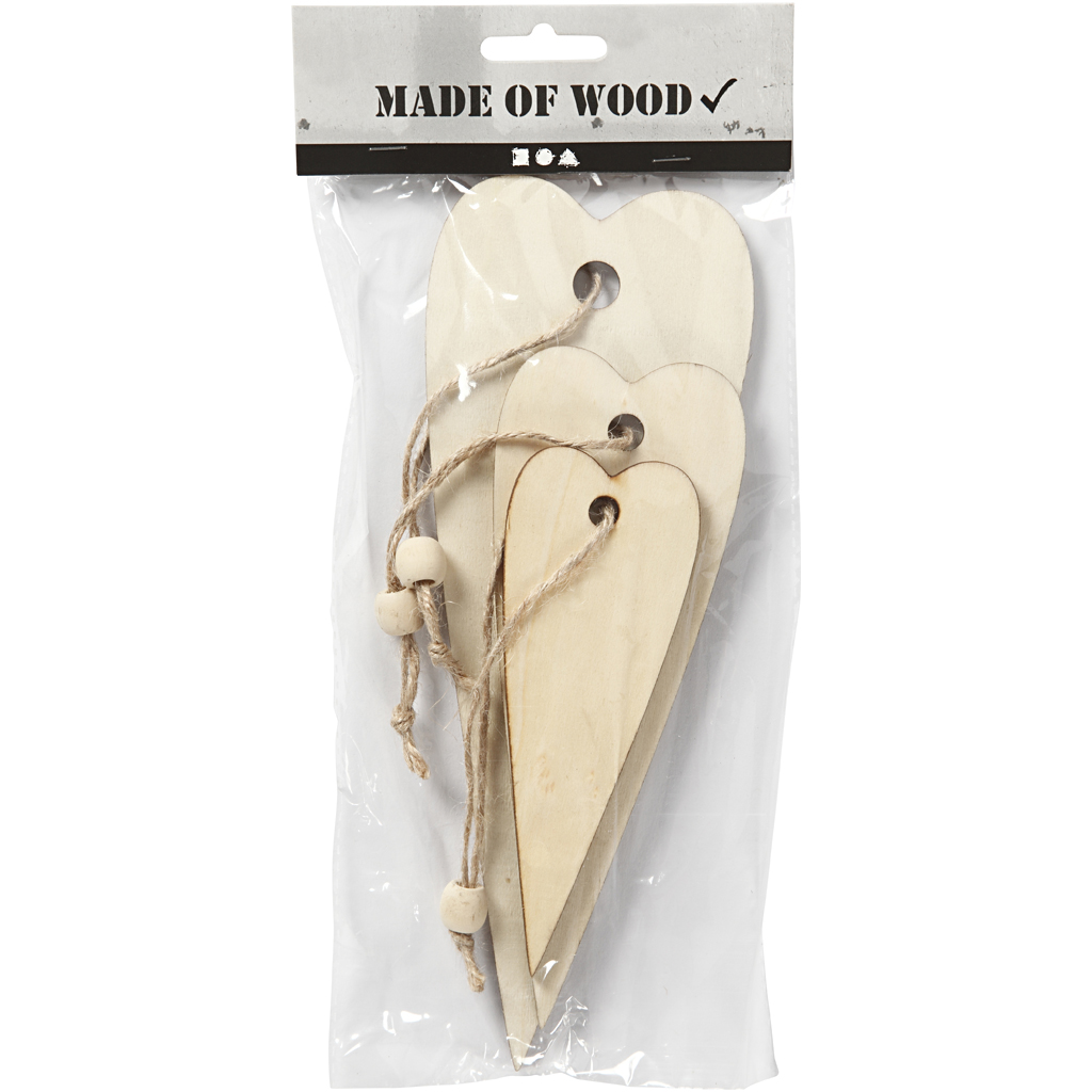 Puidust ornament, pikk süda, H: 12+16+20 cm, paksus 5 mm, 3 tk/ 1 pakk - Image 2