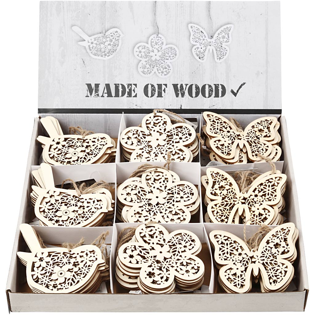 Puidust ornament, liblikas, lill ja lind, kõrgus: 10 cm, laius: 10 cm, 90 tk/ 1 pakk - Image 2