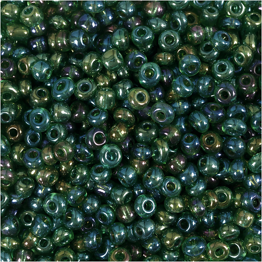 Seed Beads, dia. 3 mm, suurus 8/0, augu suurus 0,6-1,0 mm, roheline õli, 25 g/ 1 pakk