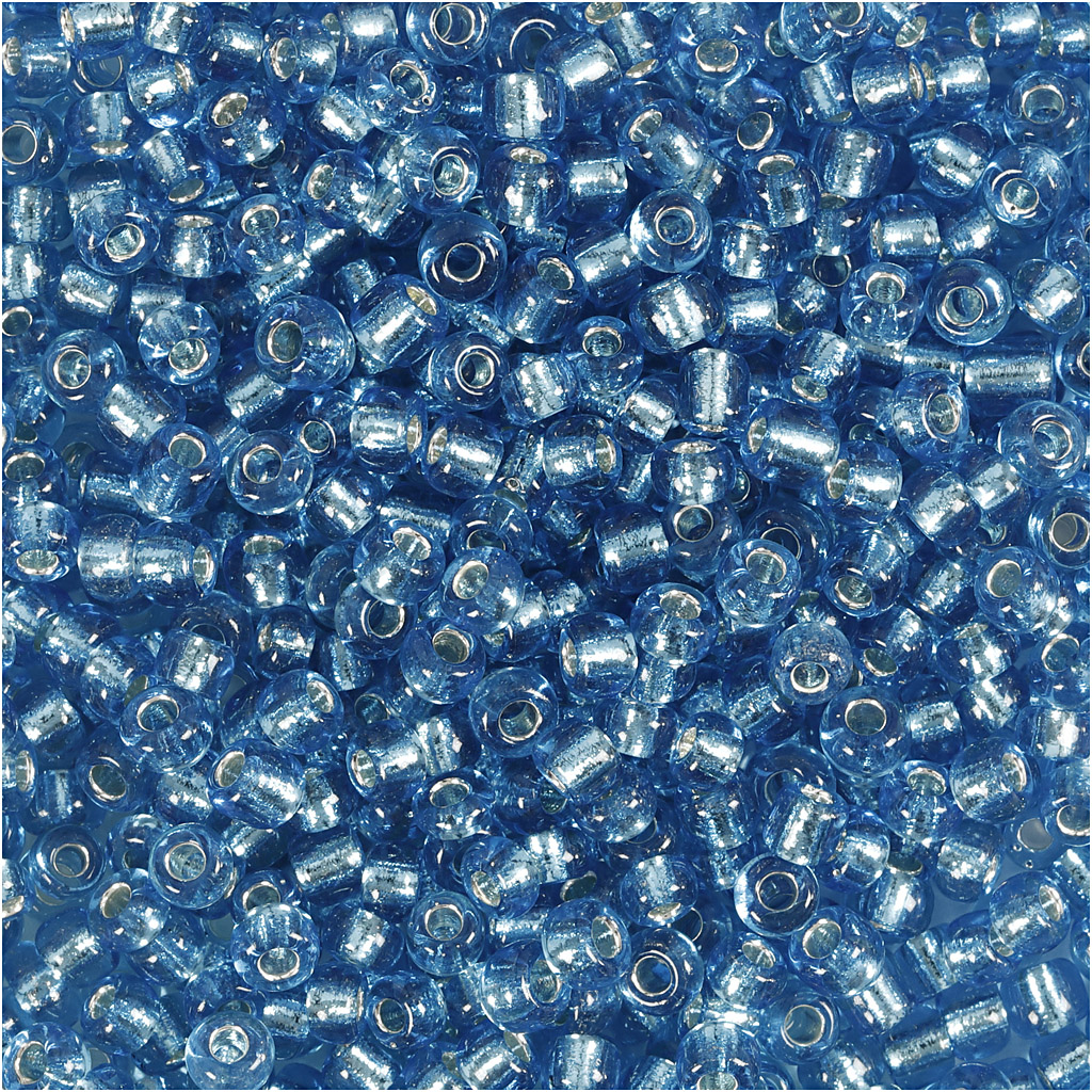 Seed Beads, dia. 3 mm, suurus 8/0, augu suurus 0,6-1,0 mm, läbipaistev türkiissinine, 25 g/ 1 pakk