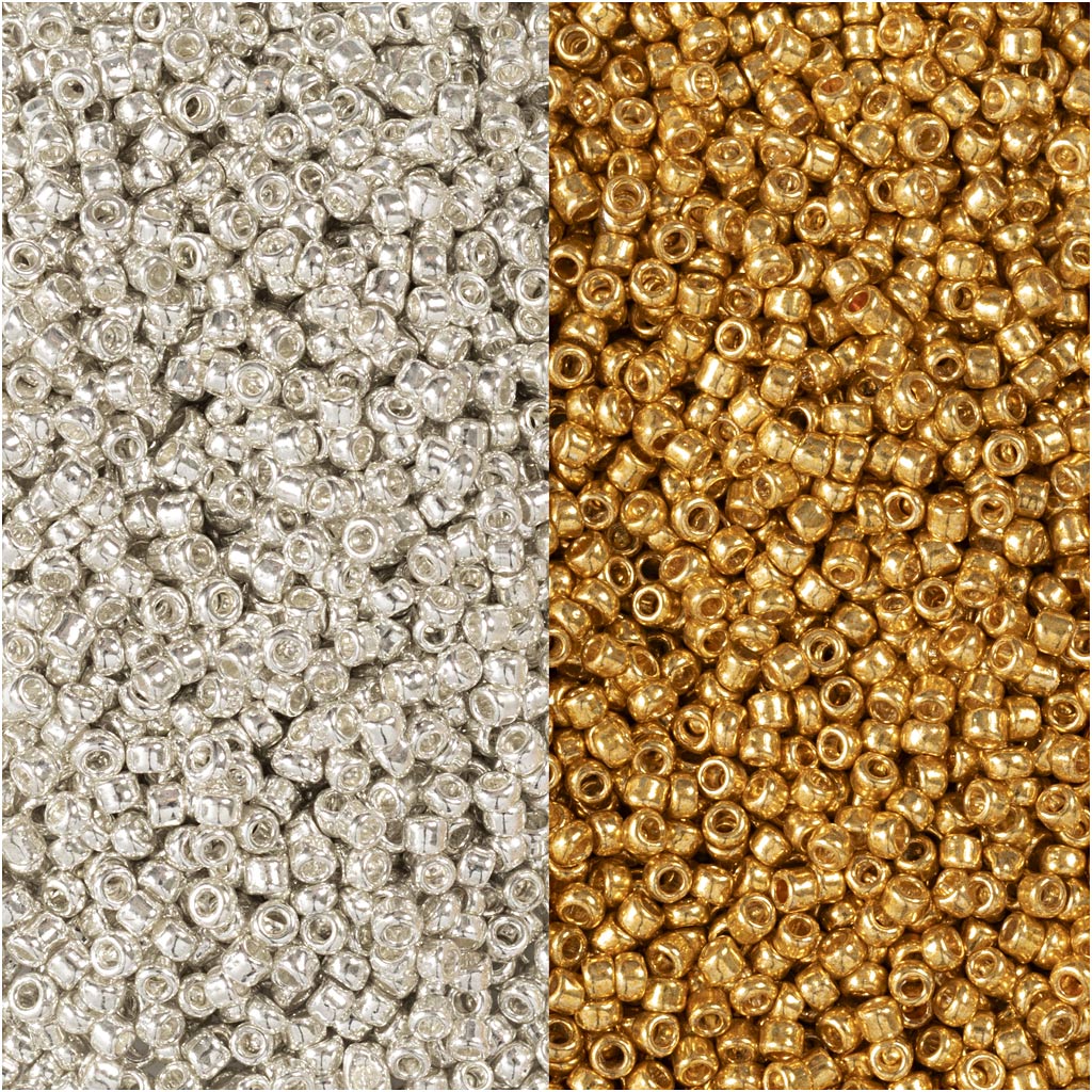 Seed Beads, dia. 1,7 mm, suurus 15/0, augu suurus 0,5-0,8 mm, kuld, hõbe, 2x7 g/ 1 pakk - Image 3