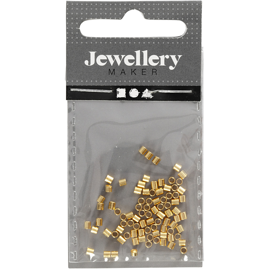 Krõmpsupärlid, suurus 2x2 mm, augu suurus 1,4 mm, kullatud, 80 tk/ 1 pakk - Image 2