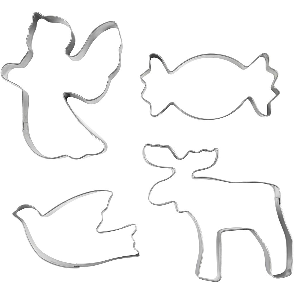 Küpsiseküpsisevahendid, ingel, põhjapõder, tuvi, kommid, H: 2 cm, suurus 4,5-9 cm, hõbedane metall, 4 tk/ 1 pakk