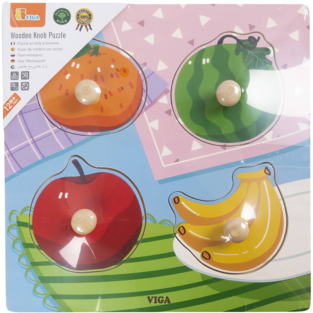 VIGA puidust puslepildid nuppudega, puuviljad ja taluloomad, suurus 22x22 cm, 2x4 pusletükki, 2 osa/ 1 komplekt - Image 2