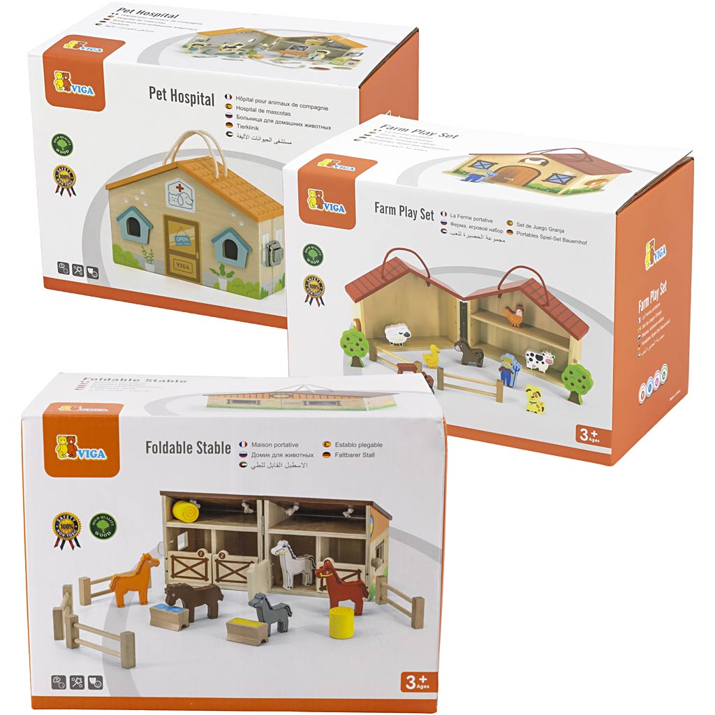 VIGA mängumaja, talu, lemmikloomade haigla ja hobusetall, 3 tk/ 1 pakk