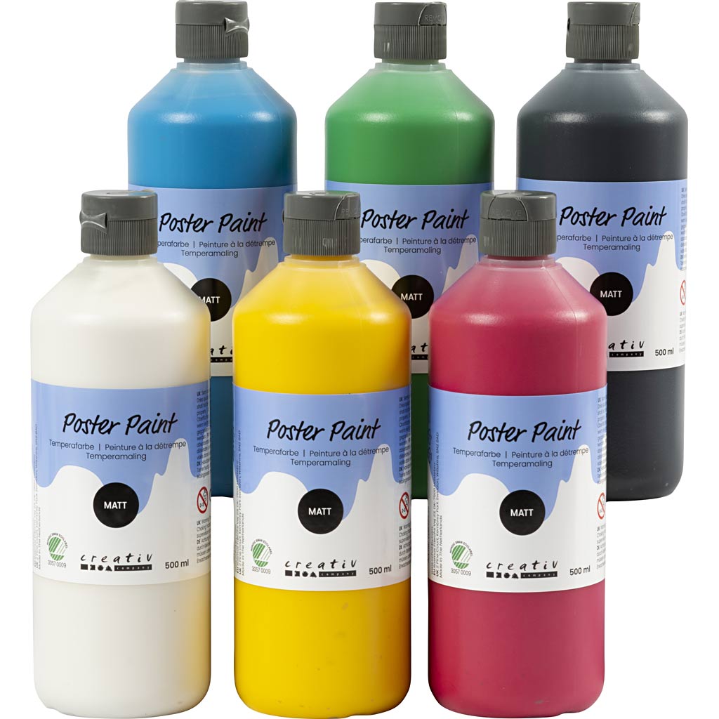 Plakatvärv, matt, poolläbipaistev, erinevad värvid, 6 x 500 ml / 1 pakk