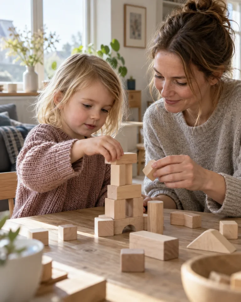 Laps ehitab koos täiskasvanuga puidust klotsitorni
