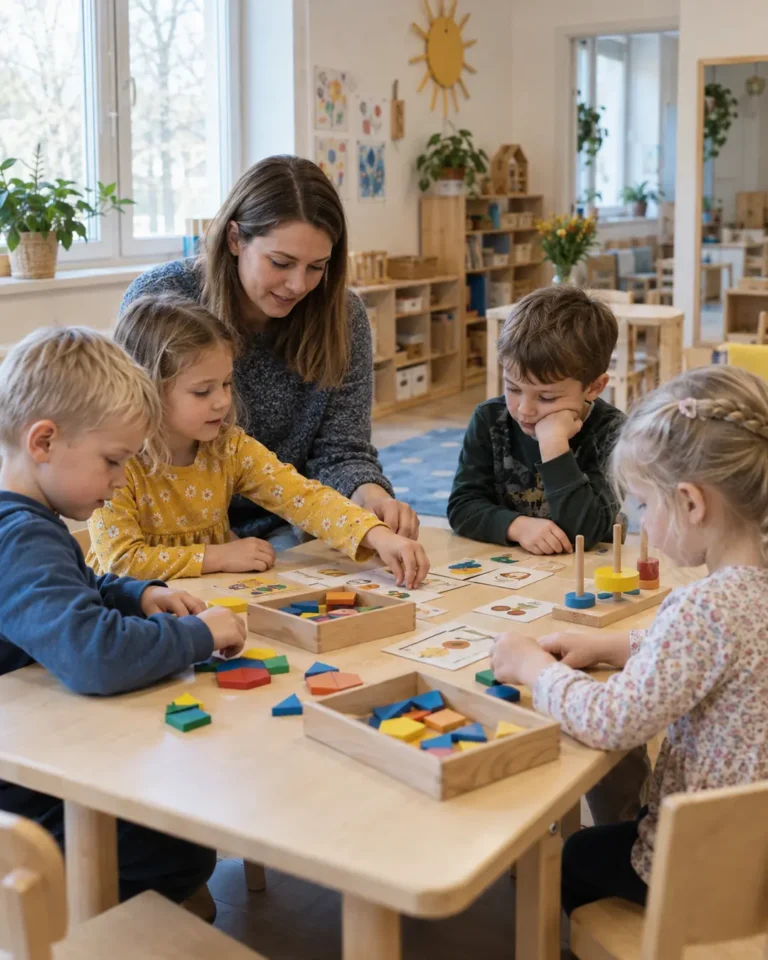 Lasteaiaõpetaja ja lapsed kasutavad õppemänge rühmategevuses